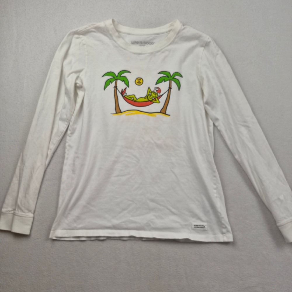 Life is Good Womens Long Sleeve Crusher Tee Medium White Grinch Beach Christmas